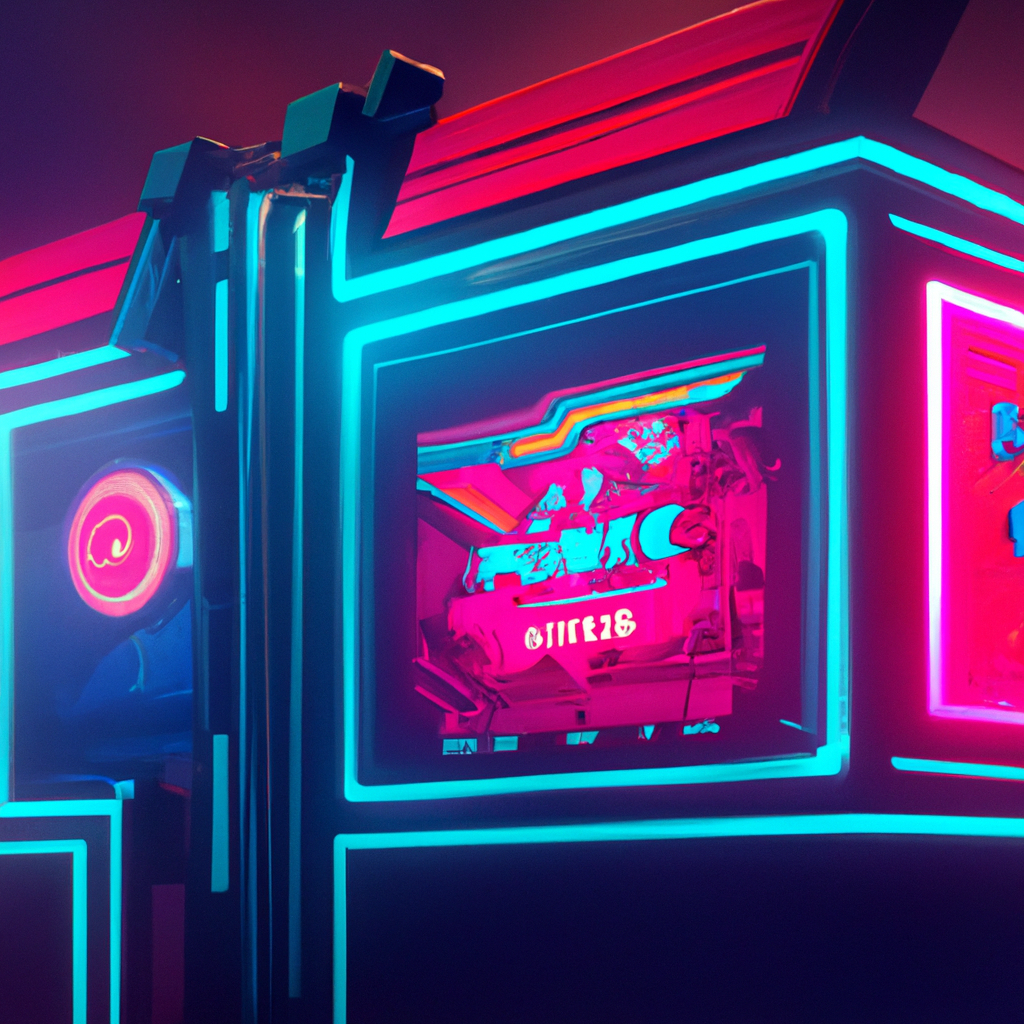 VoltArcade hero artwork: neon arcade cabinet with layered HUD